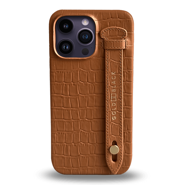 iPhone 14 Pro Max Slim Lederhülle Kroko-Prägung braun beige mit Fingerschlaufe - GOLDBLACKpremium