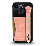 iPhone 14 Pro Max Slim Lederhülle Kroko-Prägung lachsrosa mit Kartenetui und Schlaufe - GOLDBLACKpremium