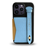 iPhone 14 Pro Max Slim Lederhülle Kroko-Prägung Pastel Blau mit Kartenetui und Schlaufe - GOLDBLACKpremium