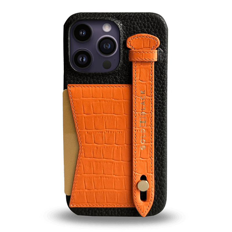 iPhone 14 Pro Max Slim Lederhülle Kroko-Prägung orange mit Kartenetui und Schlaufe - GOLDBLACKpremium