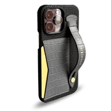iPhone 14 Pro Max Slim Lederhülle Kroko-Prägung grau mit Kartenetui und Schlaufe - GOLDBLACKpremium