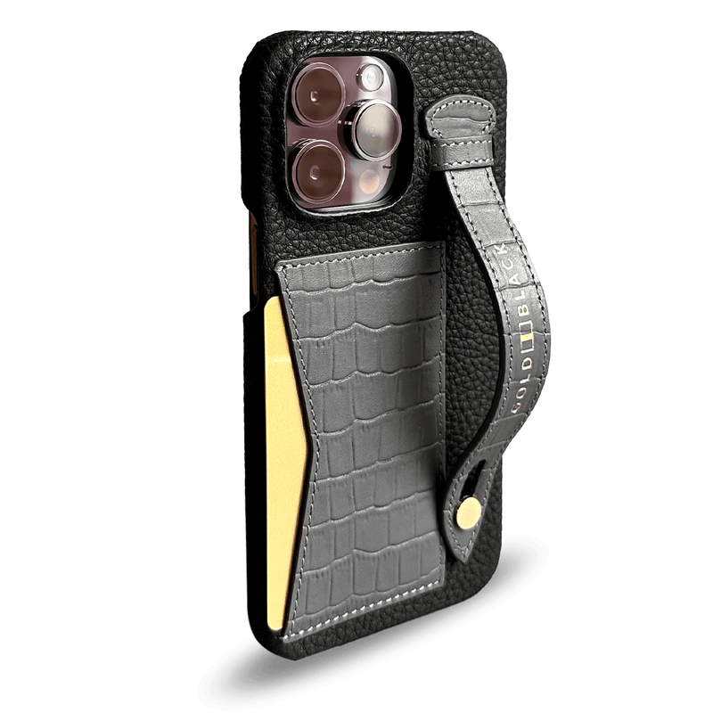 iPhone 14 Pro Max Slim Lederhülle Kroko-Prägung grau mit Kartenetui und Schlaufe - GOLDBLACKpremium