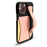 iPhone 14 Pro Max Slim Lederhülle Kroko-Prägung lachsrosa mit Kartenetui und Schlaufe - GOLDBLACKpremium