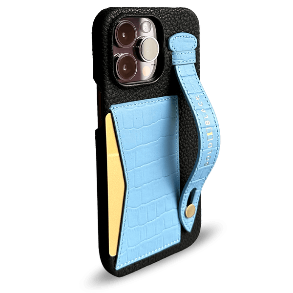 iPhone 14 Pro Max Slim Lederhülle Kroko-Prägung Pastel Blau mit Kartenetui und Schlaufe - GOLDBLACKpremium