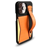 iPhone 14 Pro Max Slim Lederhülle Kroko-Prägung orange mit Kartenetui und Schlaufe - GOLDBLACKpremium