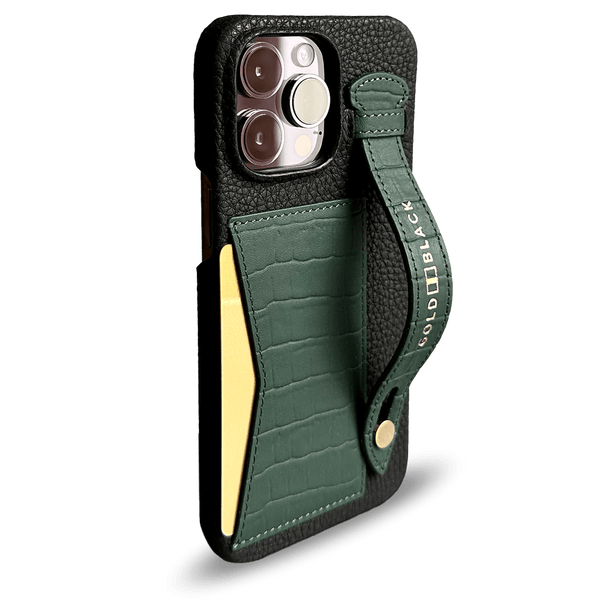 iPhone 14 Pro Max Slim Lederhülle Kroko-Prägung grün mit Kartenetui und Schlaufe - GOLDBLACKpremium