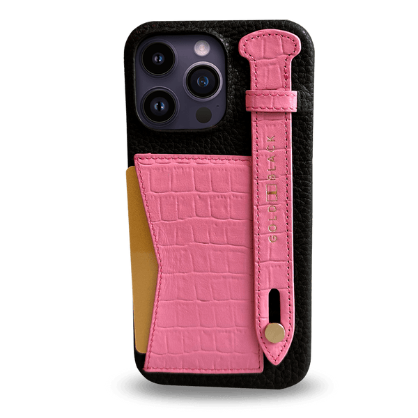 iPhone 14 Pro Max Slim Lederhülle Kroko-Prägung pink mit Kartenetui und Schlaufe - GOLDBLACKpremium