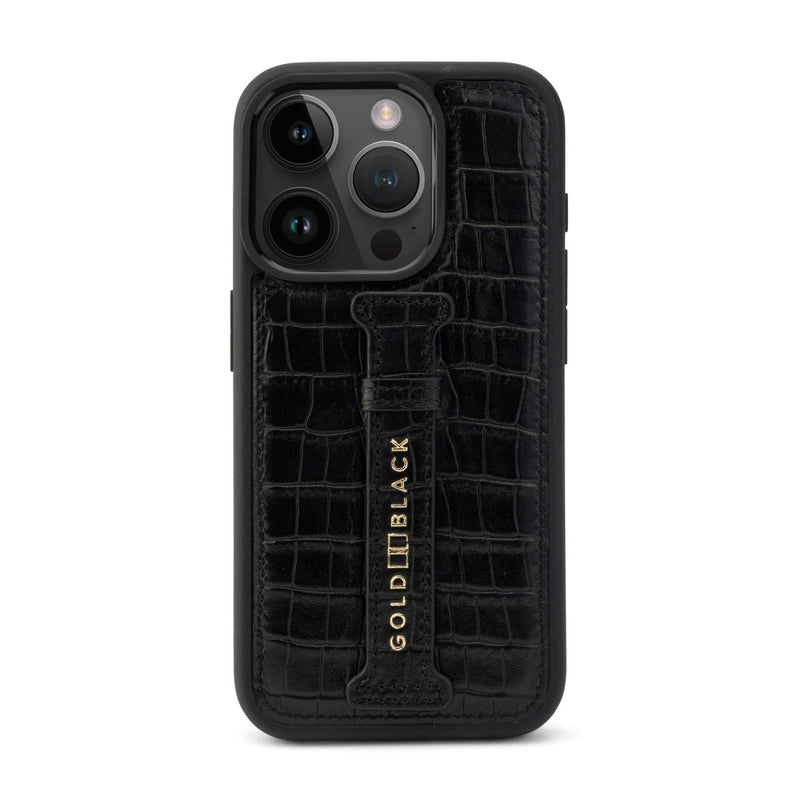 iPhone 15 Pro Lederhülle Kroko-Prägung schwarz mit Fingerschlaufe - GOLDBLACKpremium