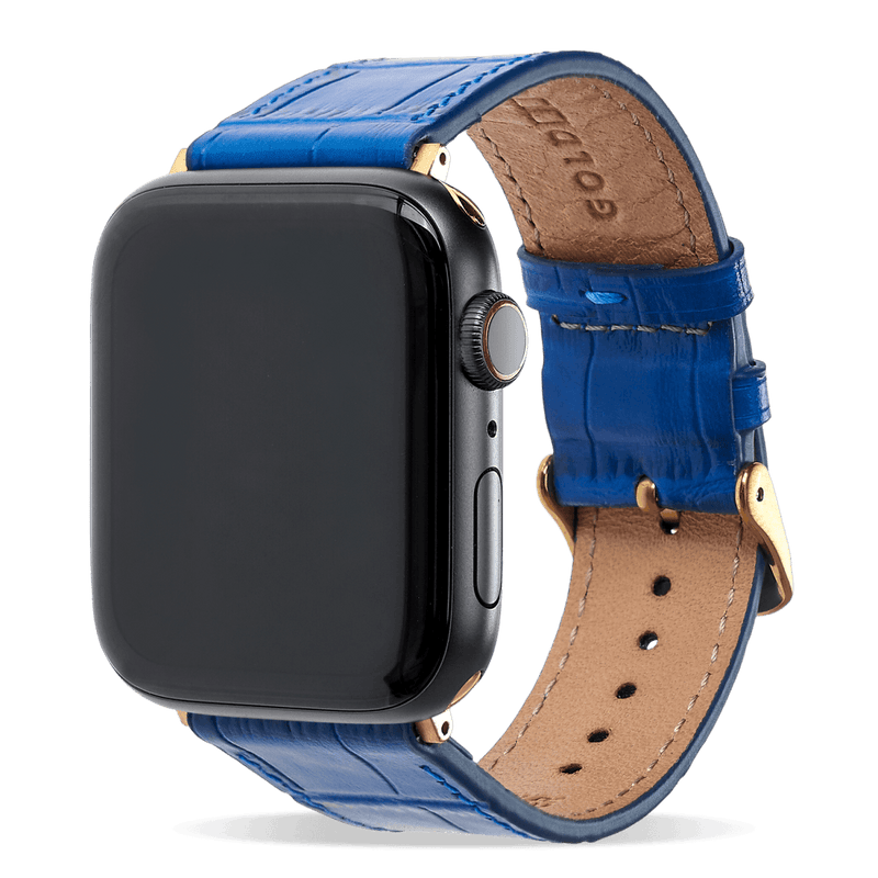 Apple Watch Leder Armband KROKO-PRÄGUNG blau (Adapter gold)) - GOLDBLACKpremium