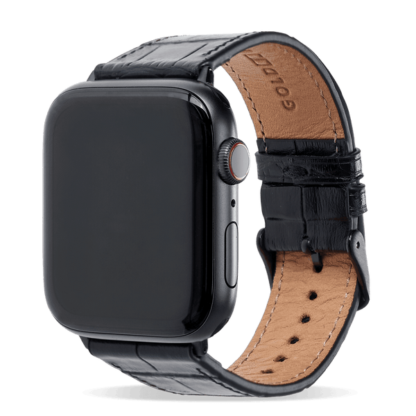 Apple Watch Leder Armband KROKO-PRÄGUNG Schwarz (Adapter schwarz) - GOLDBLACKpremium