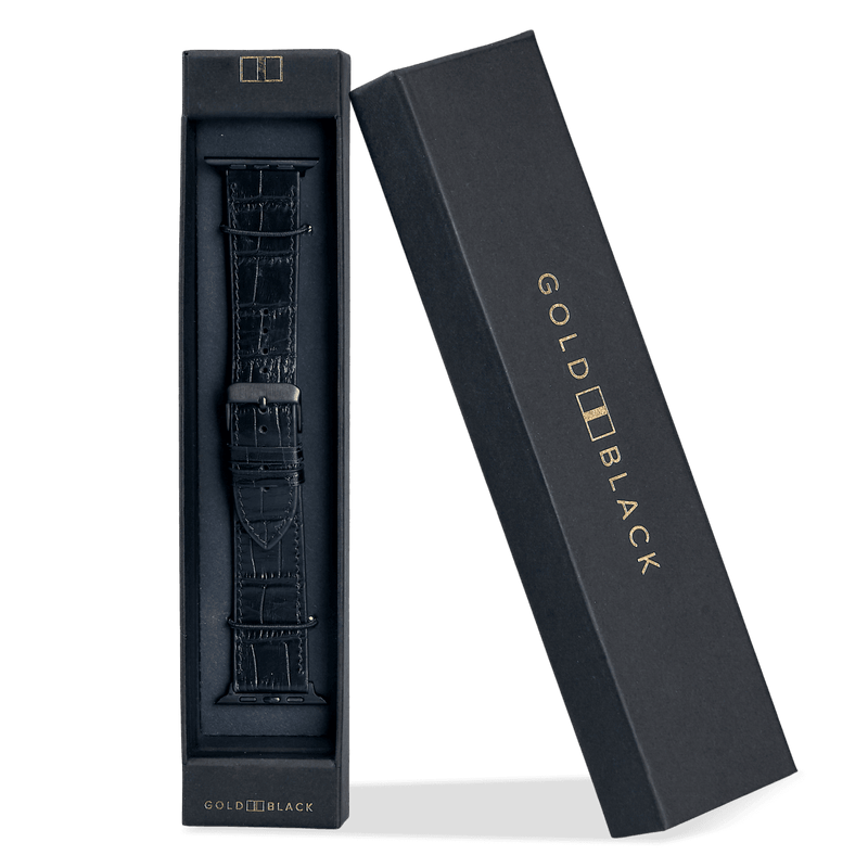 Apple Watch Leder Armband KROKO-PRÄGUNG Schwarz (Adapter schwarz) - GOLDBLACKpremium