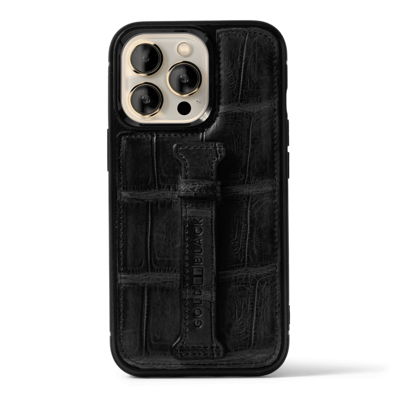iPhone 13 Pro Case mit Fingerschlaufe Krokodilleder Schwarz Limited Edition - GOLDBLACKpremium