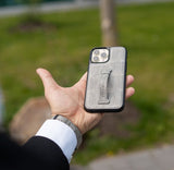 iPhone 13 Pro Case mit Fingerschlaufe Krokodilleder Grau Limited Edition - GOLDBLACKpremium
