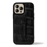 iPhone 13 Pro Max Case mit Fingerschlaufe Krokodilleder Schwarz Limited Edition - GOLDBLACKpremium