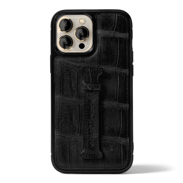 iPhone 13 Pro Max Case mit Fingerschlaufe Krokodilleder Schwarz Limited Edition - GOLDBLACKpremium