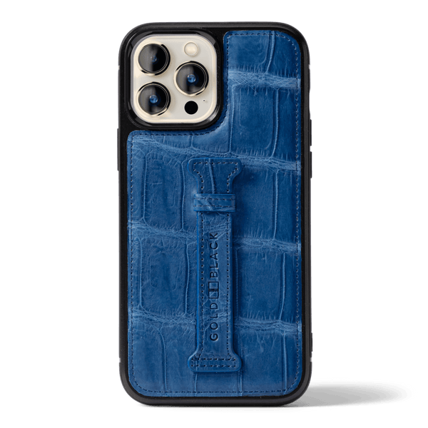 iPhone 13 Pro Max Case mit Fingerschlaufe Krokodilleder Blau Limited Edition - GOLDBLACKpremium