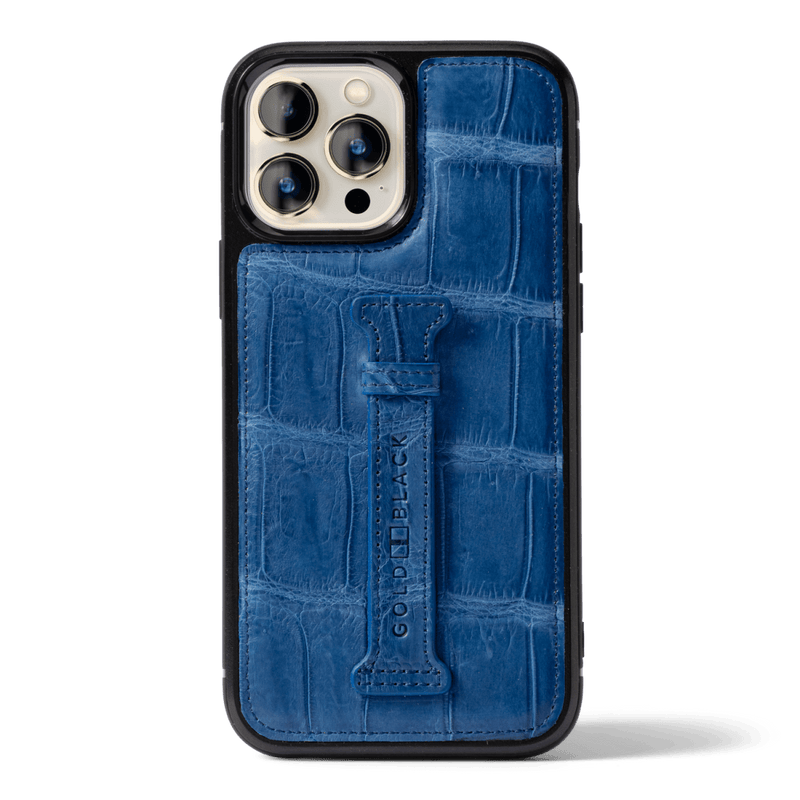 iPhone 13 Pro Max Case mit Fingerschlaufe Krokodilleder Blau Limited Edition - GOLDBLACKpremium