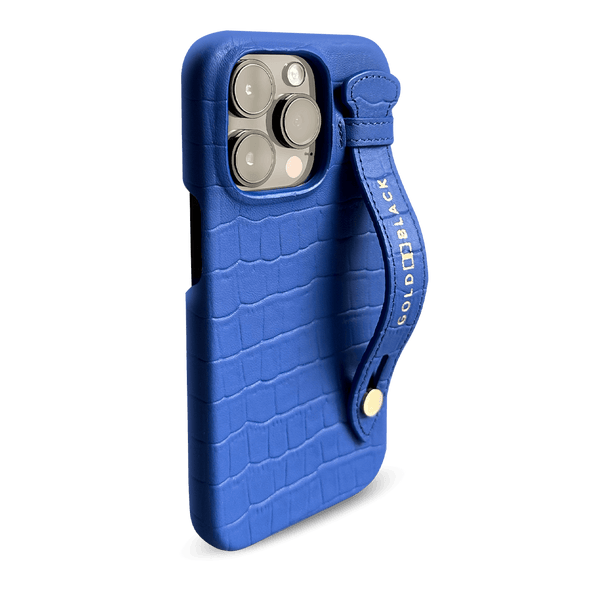 iPhone 14 Pro Slim Lederhülle Kroko-Prägung Blau mit Fingerschlaufe - GOLDBLACKpremium