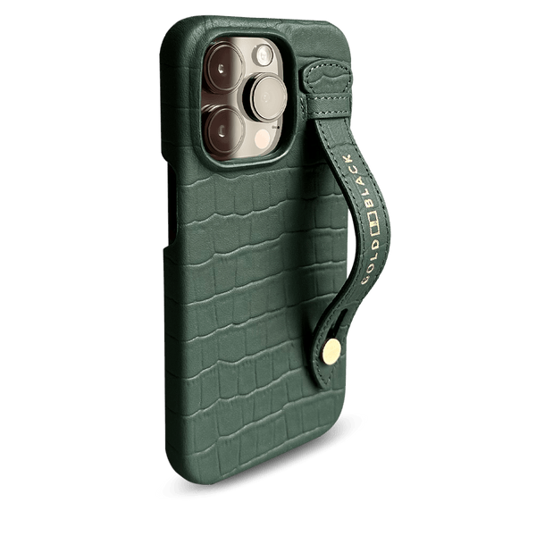 iPhone 14 Pro Slim Lederhülle Kroko-Prägung grün mit Fingerschlaufe - GOLDBLACKpremium