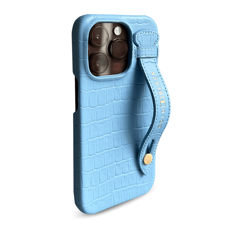 iPhone 14 Pro Slim Lederhülle Kroko-Prägung Pastel Blau mit Fingerschlaufe - GOLDBLACKpremium