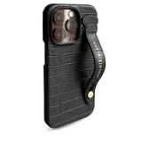 iPhone 14 Pro Slim Lederhülle Kroko-Prägung schwarz mit Fingerschlaufe - GOLDBLACKpremium