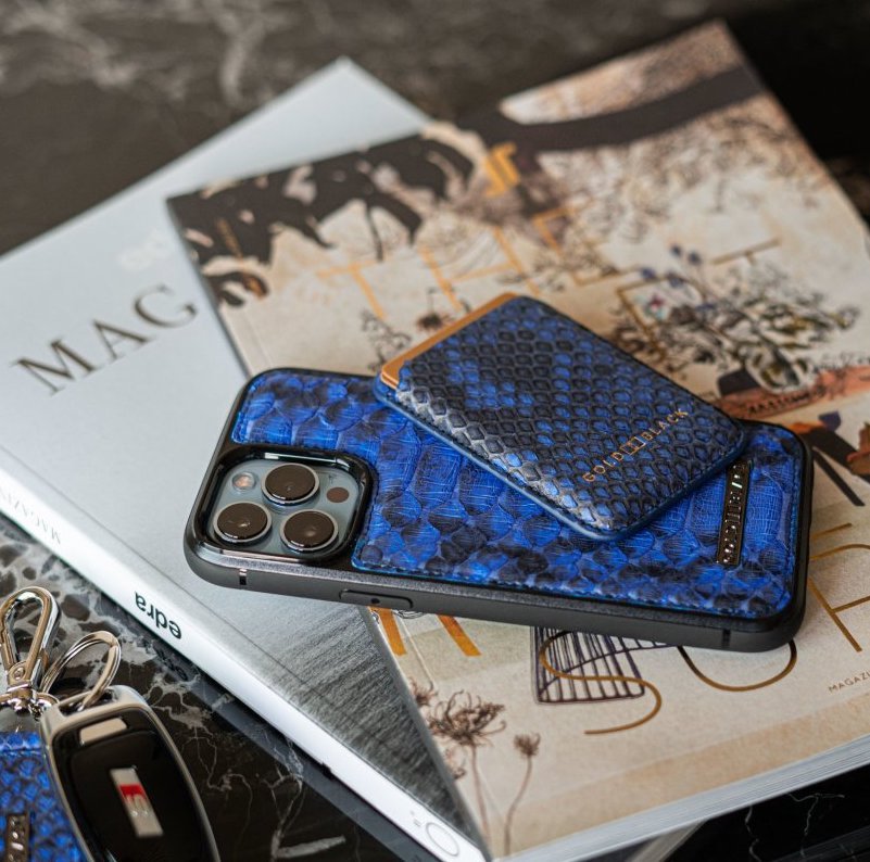 iPhone MagSafe Wallet Pythonleder Blau - GOLDBLACKpremium