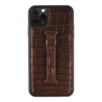 iPHONE 11 PRO LEATHER CASE WITH Fingerholder CROCODILE BROWN GOLDBLACKpremium