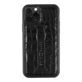 iPhone 11 Pro Lederhülle Mit Fingerschlaufe Krokodilleder Schwarz - GOLDBLACKpremium