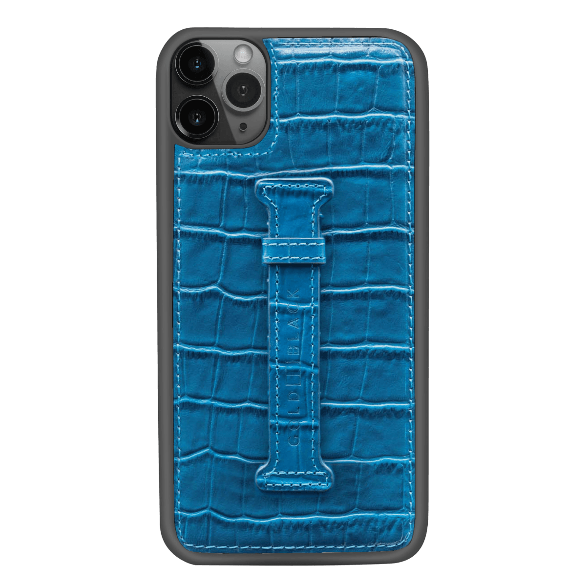 iPhone 11 Pro Max Lederhülle mit Fingerschlaufe KROKO-PRÄGUNG Blau - GOLDBLACKpremium
