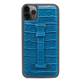 iPhone 11 Pro Max Lederhülle mit Fingerschlaufe KROKO-PRÄGUNG Blau - GOLDBLACKpremium