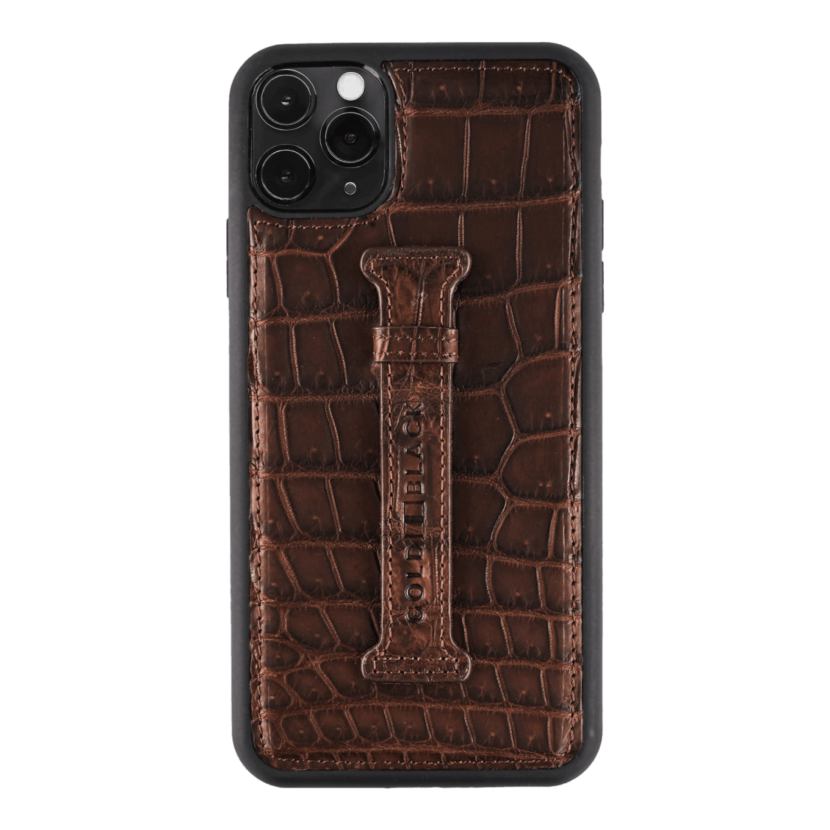 iPhone 11 Pro Max Lederhülle mit Fingerschlaufe Krokodilleder Braun - GOLDBLACKpremium