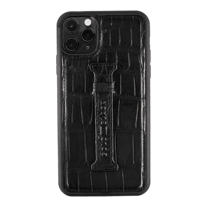 iPhone 11 Pro Max Lederhülle mit Fingerschlaufe Krokodilleder Schwarz - GOLDBLACKpremium