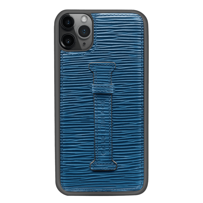 iPhone 11 Pro Max Lederhülle mit Fingerschlaufe UNICO-Prägung Blau - GOLDBLACKpremium