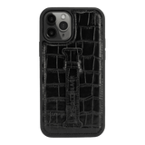 iPhone 12 / 12 Pro Lederhülle mit Fingerschlaufe Croco schwarz - GOLDBLACKpremium