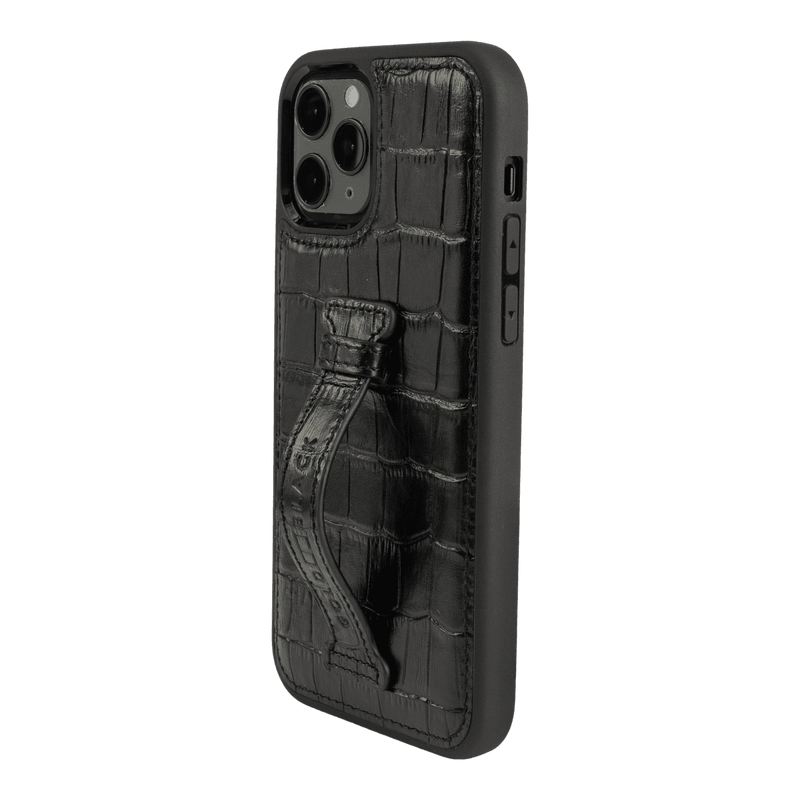 iPhone 12 / 12 Pro Lederhülle mit Fingerschlaufe Croco schwarz - GOLDBLACKpremium