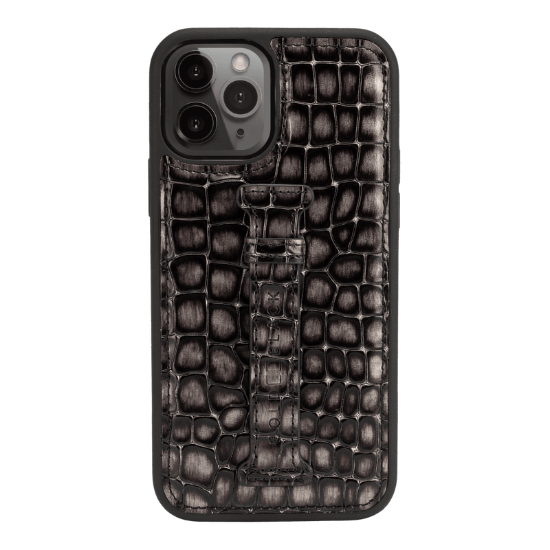 iPhone 12 / 12 Pro Lederhülle mit Fingerschlaufe Milano Grau - GOLDBLACKpremium