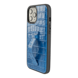 iPhone 12 Pro Max Lederhülle mit Fingerschlaufe Croco Blau - GOLDBLACKpremium