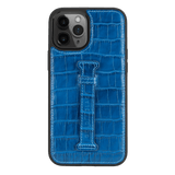 iPhone 12 Pro Max Lederhülle mit Fingerschlaufe Croco Blau - GOLDBLACKpremium