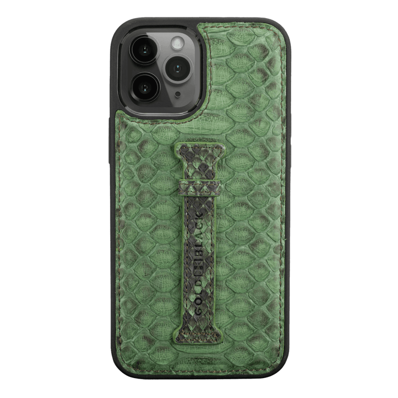 iPhone 12 Pro Max Lederhülle mit Fingerschlaufe Python Grasgrün - GOLDBLACKpremium