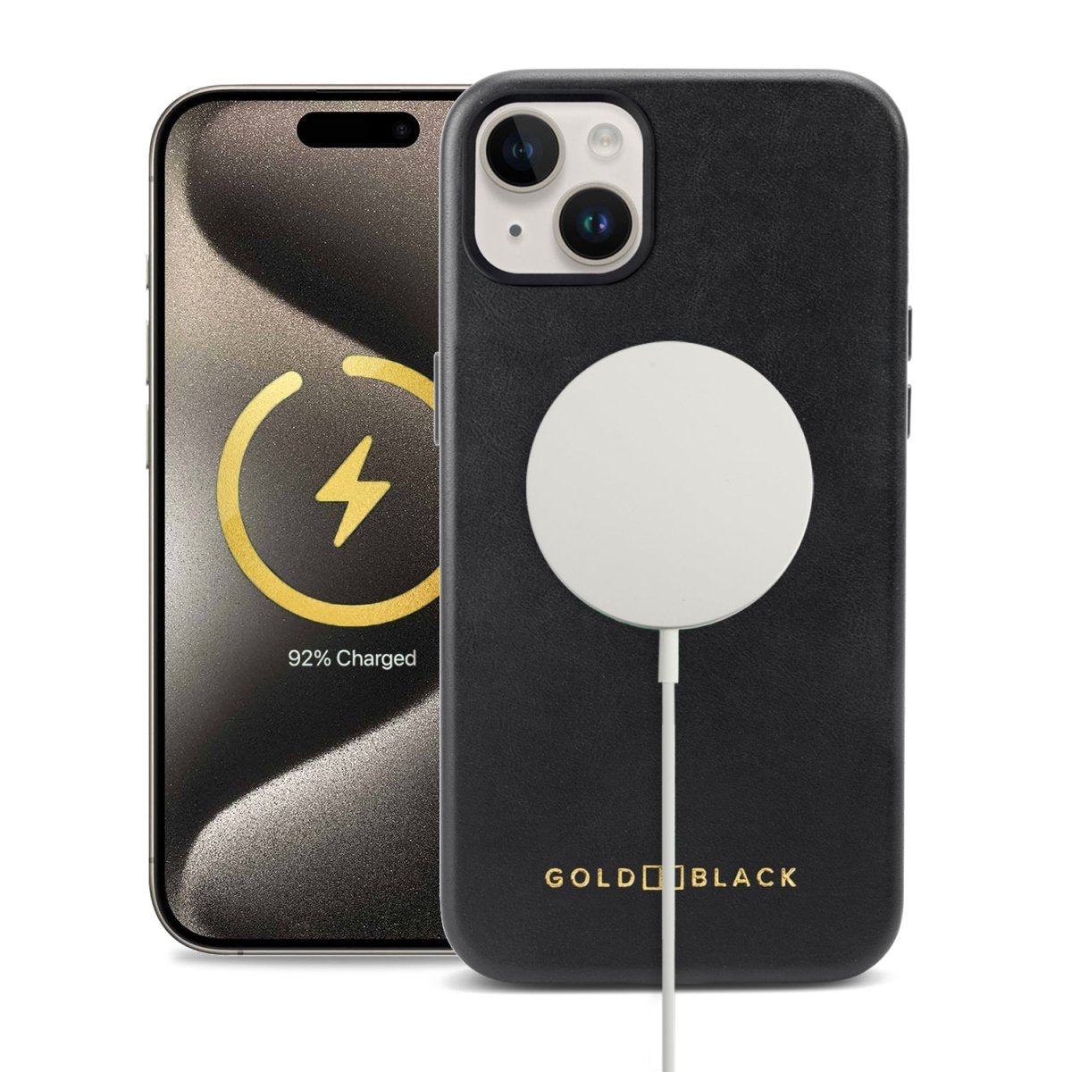 iPhone 15 Plus Lederhülle Luxe schwarz mit MagSafe - GOLDBLACKpremium