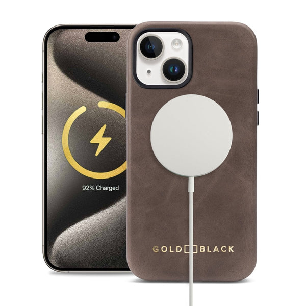 iPhone 15 Lederhülle Luxe taupe mit MagSafe - GOLDBLACKpremium