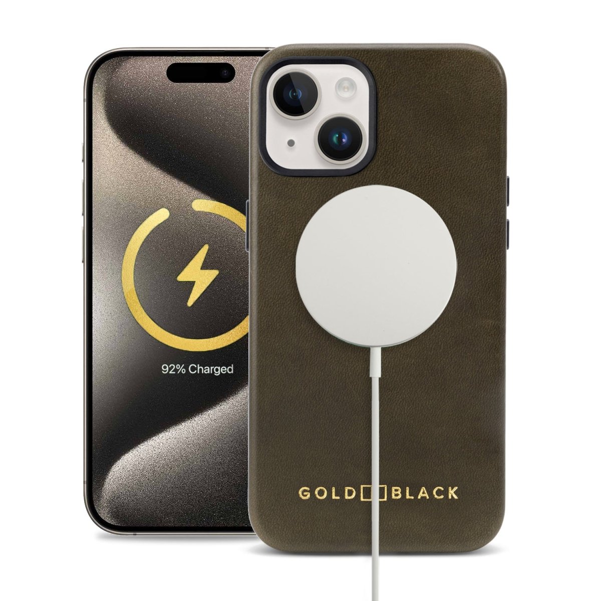 iPhone 15 Lederhülle Luxe grün mit MagSafe - GOLDBLACKpremium
