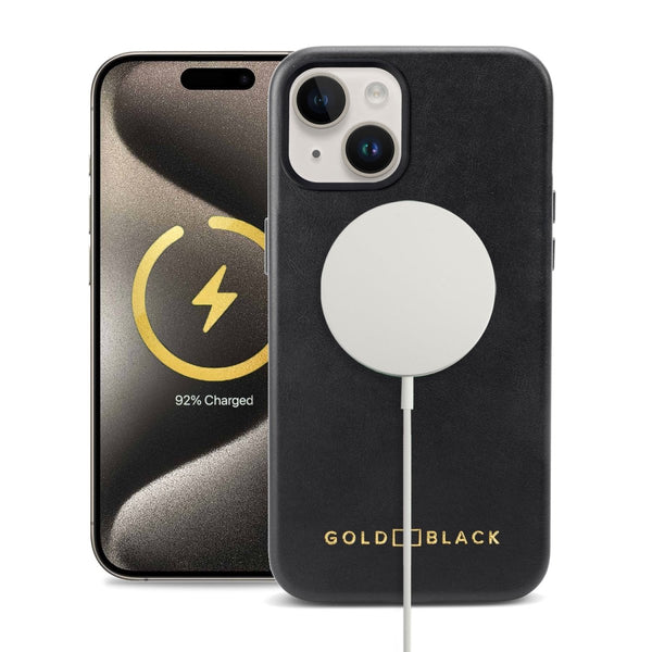 iPhone 15 Lederhülle Luxe schwarz mit MagSafe - GOLDBLACKpremium