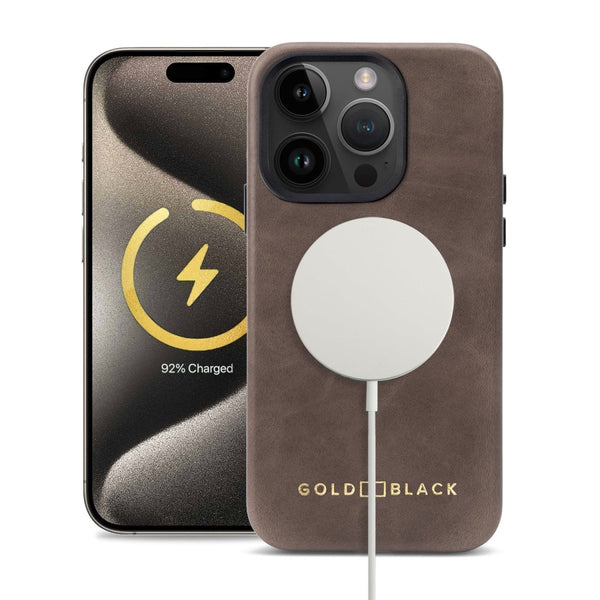 iPhone 15 Pro Lederhülle Luxe taupe mit MagSafe - GOLDBLACKpremium
