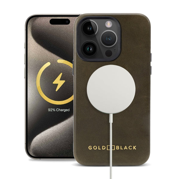 iPhone 15 Pro Lederhülle Luxe grün mit MagSafe - GOLDBLACKpremium