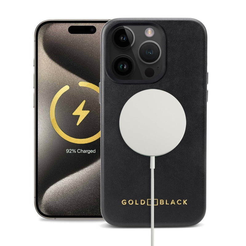 iPhone 15 Pro Lederhülle Luxe schwarz mit MagSafe - GOLDBLACKpremium